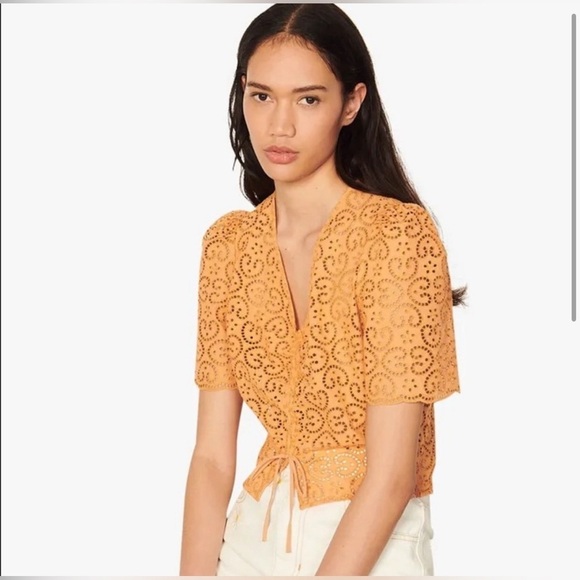Sandro Livio Tie Front Drawstring V Neck Slim Fit Blouse Orange Size 2-4 US - Picture 2 of 12